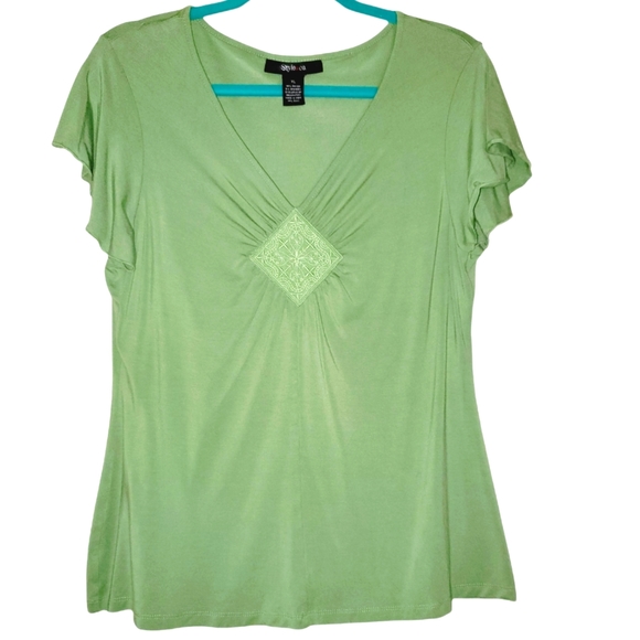 Style & Co. Crop Sleeve V-Neck Flowy Dress Top Green 556 - Picture 1 of 6